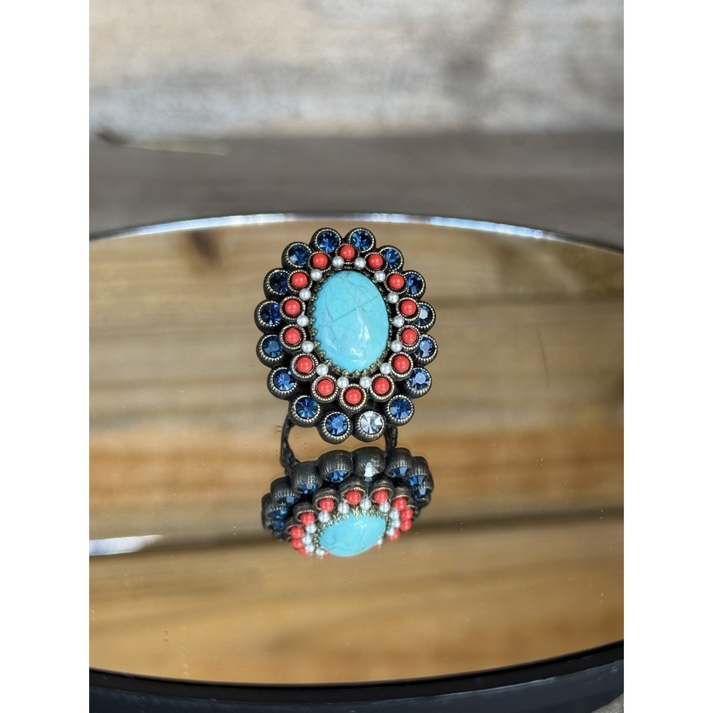 OLLIPOP USA faux turquoise & Coral/Midnight Blue Huge Adjustable statement Ring